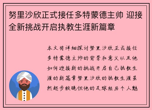 努里沙欣正式接任多特蒙德主帅 迎接全新挑战开启执教生涯新篇章