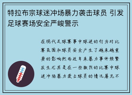 特拉布宗球迷冲场暴力袭击球员 引发足球赛场安全严峻警示